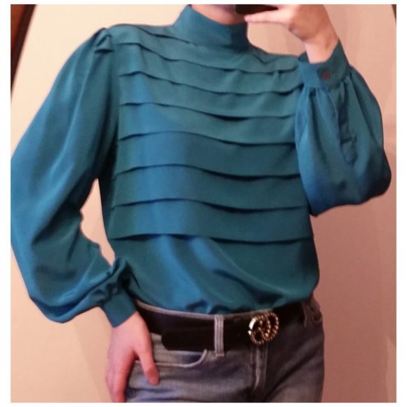 Vintage Tops - Vintage satin high neck tiered blouse top aprox M